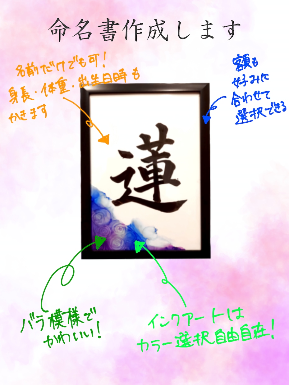 多彩なカスタムであなた好みの命名書書きます アルコールインクアートで鮮やかに、誕生を彩ります イメージ1