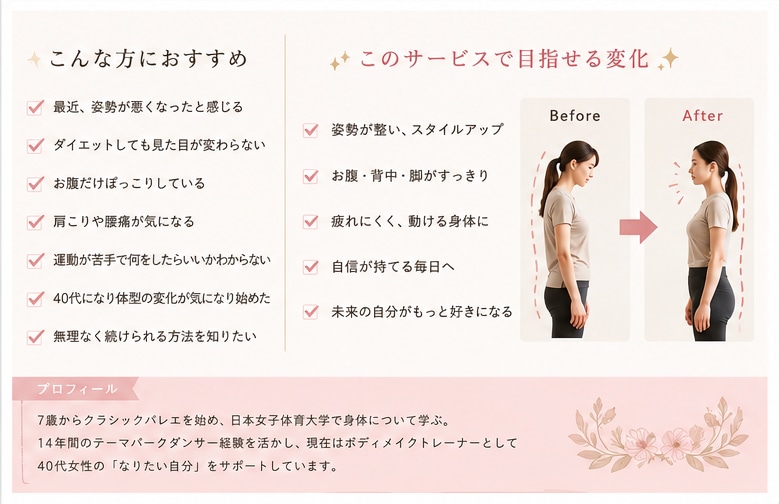 40代〜５０代女性向け☆あなたの姿勢を診断します 元テーマパークダンサーが美姿勢へアプローチ！！ イメージ4