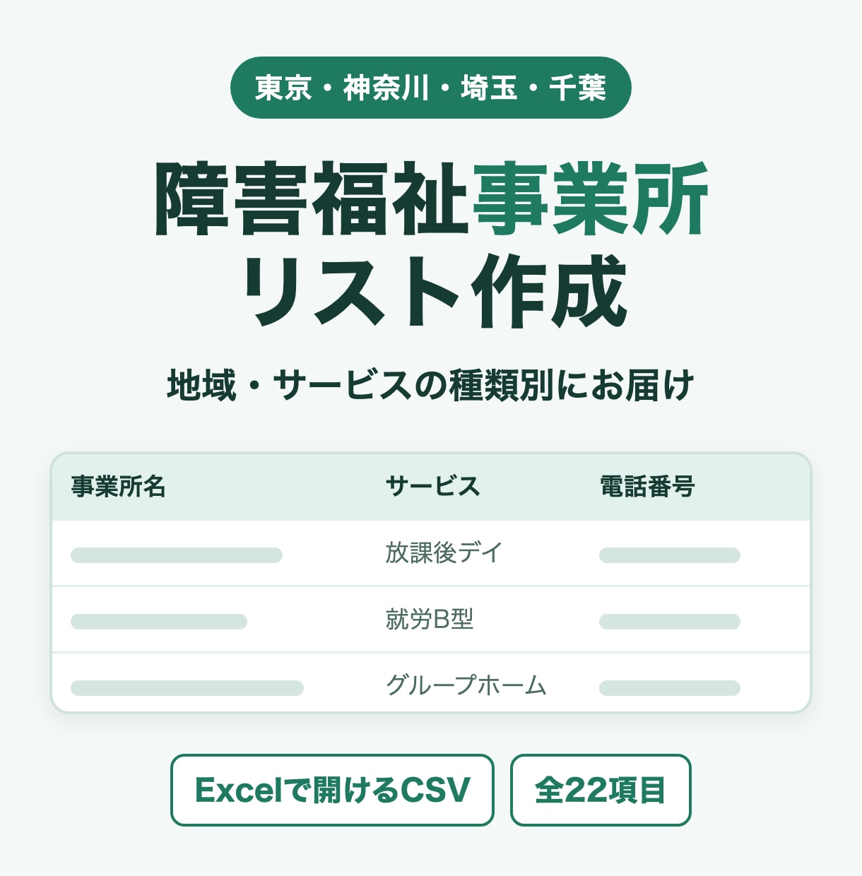 障害福祉事業所リストを地域・種類別に作成します 東京・神奈川・埼玉・千葉｜Excelで開けるCSVで納品 イメージ1