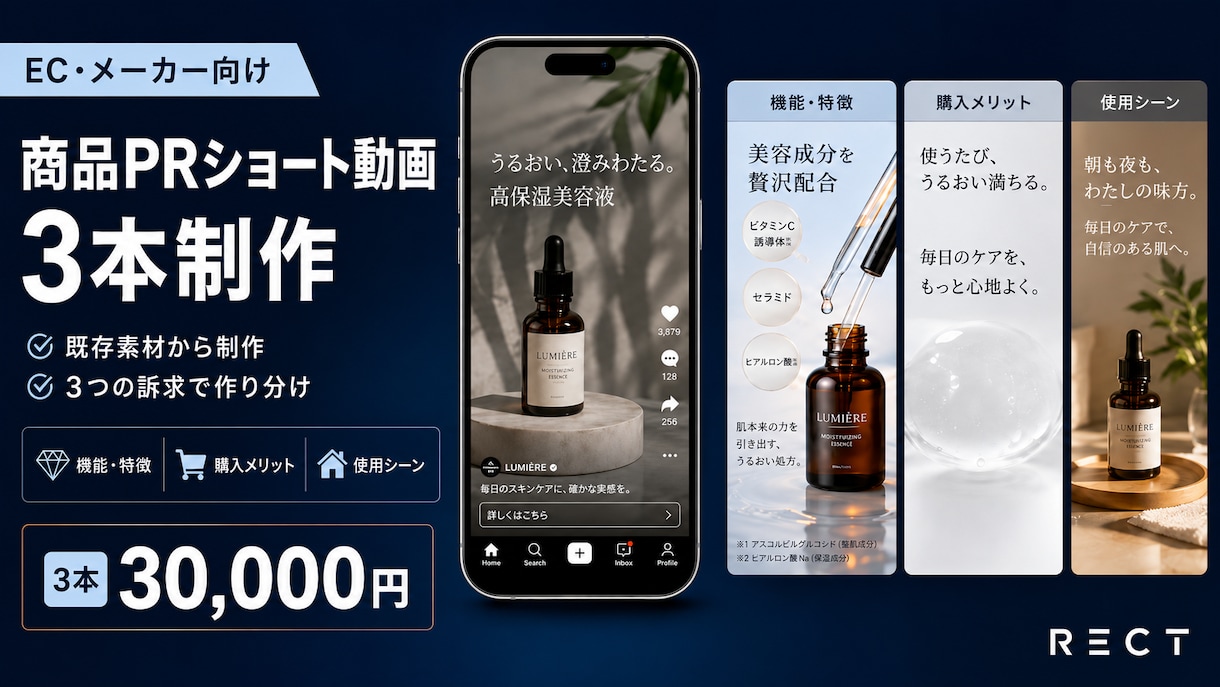 EC・メーカー向け商品PRショートを3本制作します 商品画像・既存動画を活用｜3つの訴求でSNS用に作り分け イメージ1