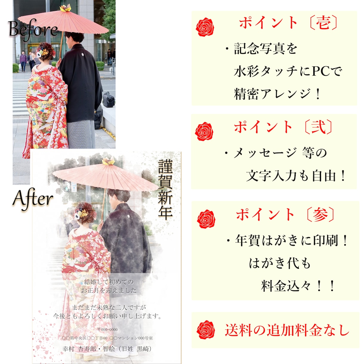 写真を水彩風に年賀状を制作～印刷まで！お受けします 来年の年賀状は一味違う！心を込めて、写真をあたたかな水彩風に イメージ2