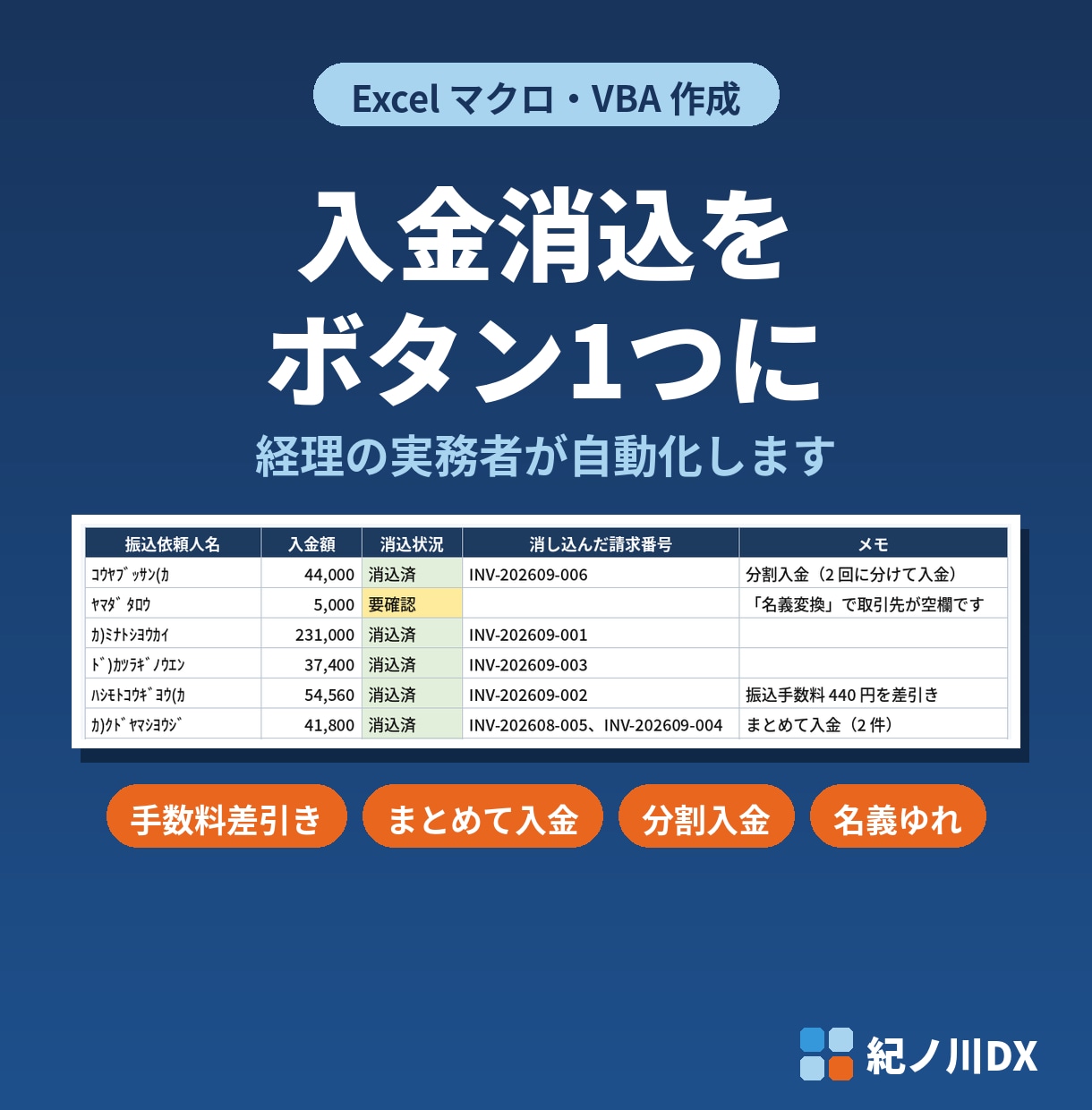 経理の入金消込をExcelで自動化します 銀行の入金と請求を、ボタン1つで照らし合わせます イメージ1