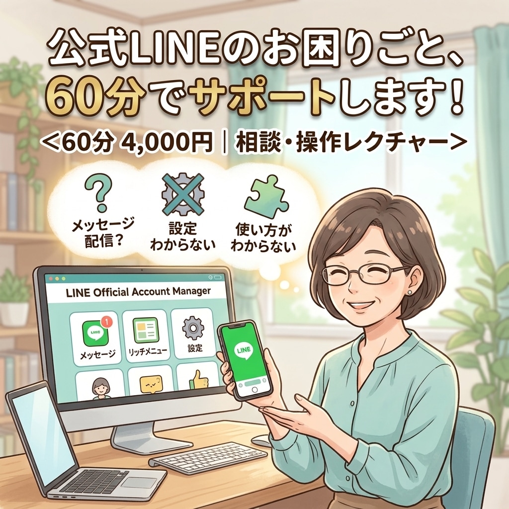 公式LINEのお困りごと、60分でサポートします ＜60分 4,000円｜相談・操作レクチャー＞ イメージ1