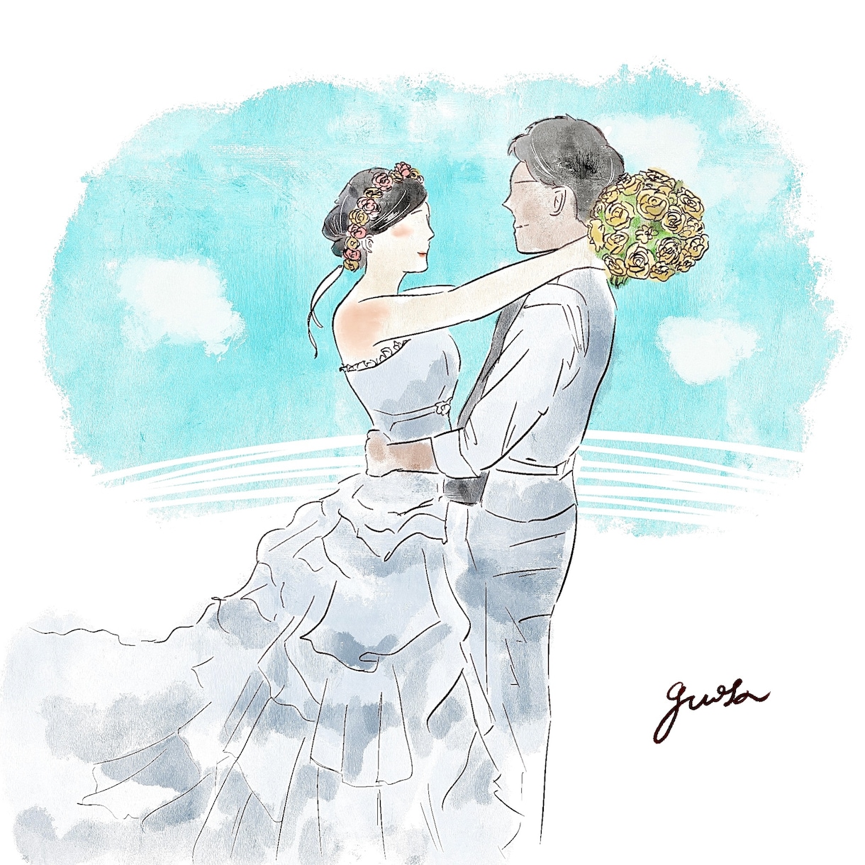 ウェルカムボードにぴったりな似顔絵描きます ウェディングのお祝いにぴったり！優しいタッチのイラストです。 イメージ5
