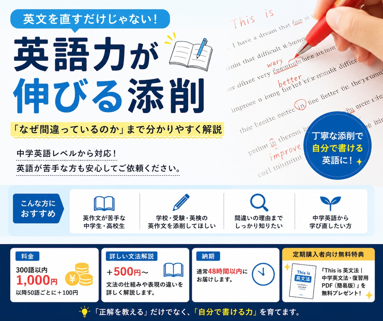 中学英語レベルから英文添削で英語力アップさせます 直すだけじゃない、英語力が伸びる添削。 イメージ1