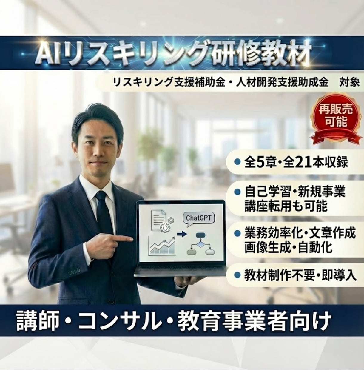 助成金対象/法人向けAI動画研修教材を提供します /即導入/リスキリング/DX支援/社内研修使用/自社商品再販 イメージ1
