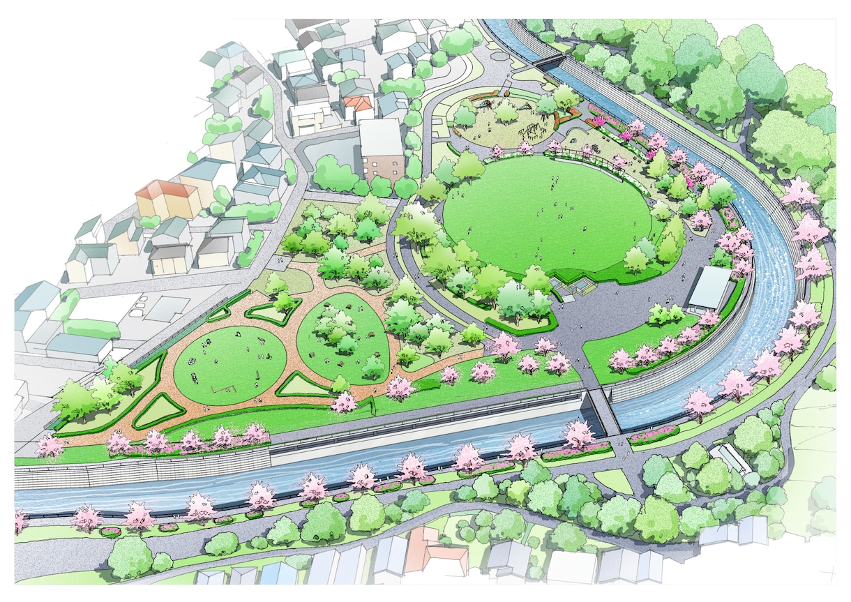魅力ある鳥瞰パースを手描きにて制作します 公園、市街地や広域なエリア、施設案内図、など様々に対応 イメージ4