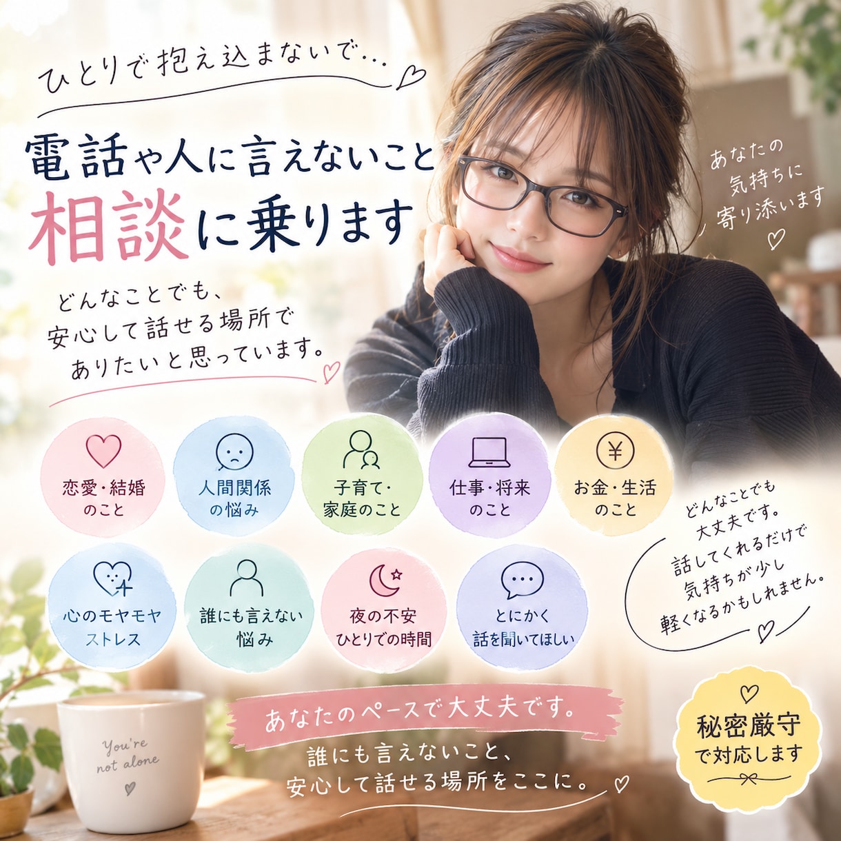 電話や人に言いづらいこと聞きます 子育て、恋愛から、介護まで!!誰にも言えないこと聞きます！ イメージ1