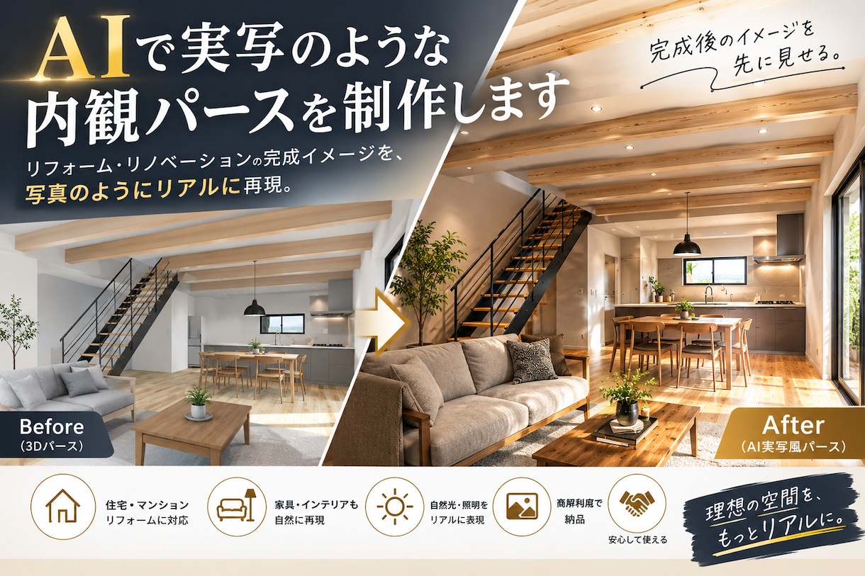 AIで実写のような内観パースを製作します リフォーム完成後を写真のようにリアルに再現します イメージ1