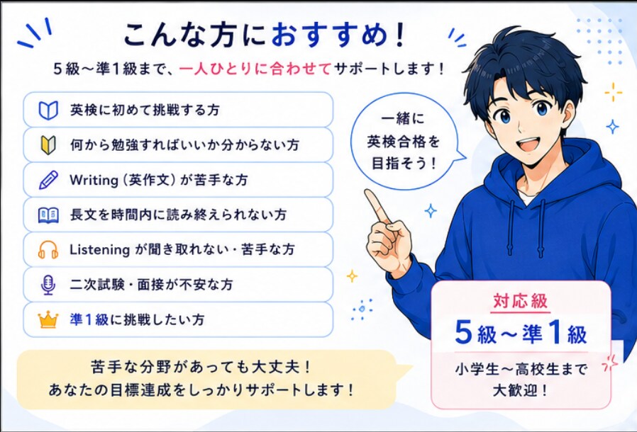 帰国子女の高校生が英検5級〜準1級をサポートします 5級〜準1級まで対応!年齢の近い講師と気軽に楽しく英検対策! イメージ2