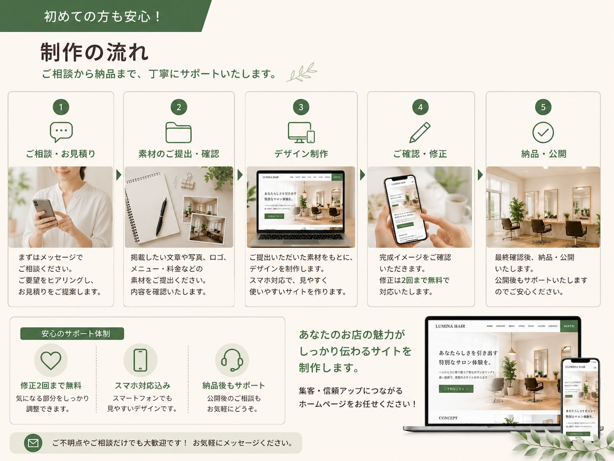 美容室・サロン向けホームページを制作します スマホ対応｜清潔感あるデザインで集客をサポート イメージ3