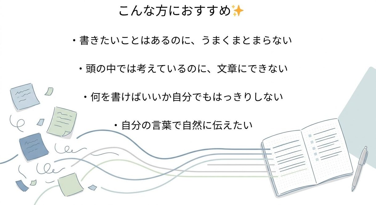 書きたいことが曖昧でも一緒に言葉にします 頭の中の想いを、伝わる形に整えます イメージ2