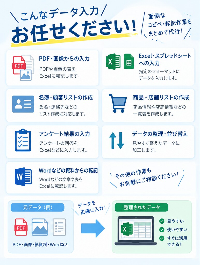 表計算アプリへのデータ入力を代行します 面倒な入力・転記作業を丁寧に代行します イメージ2