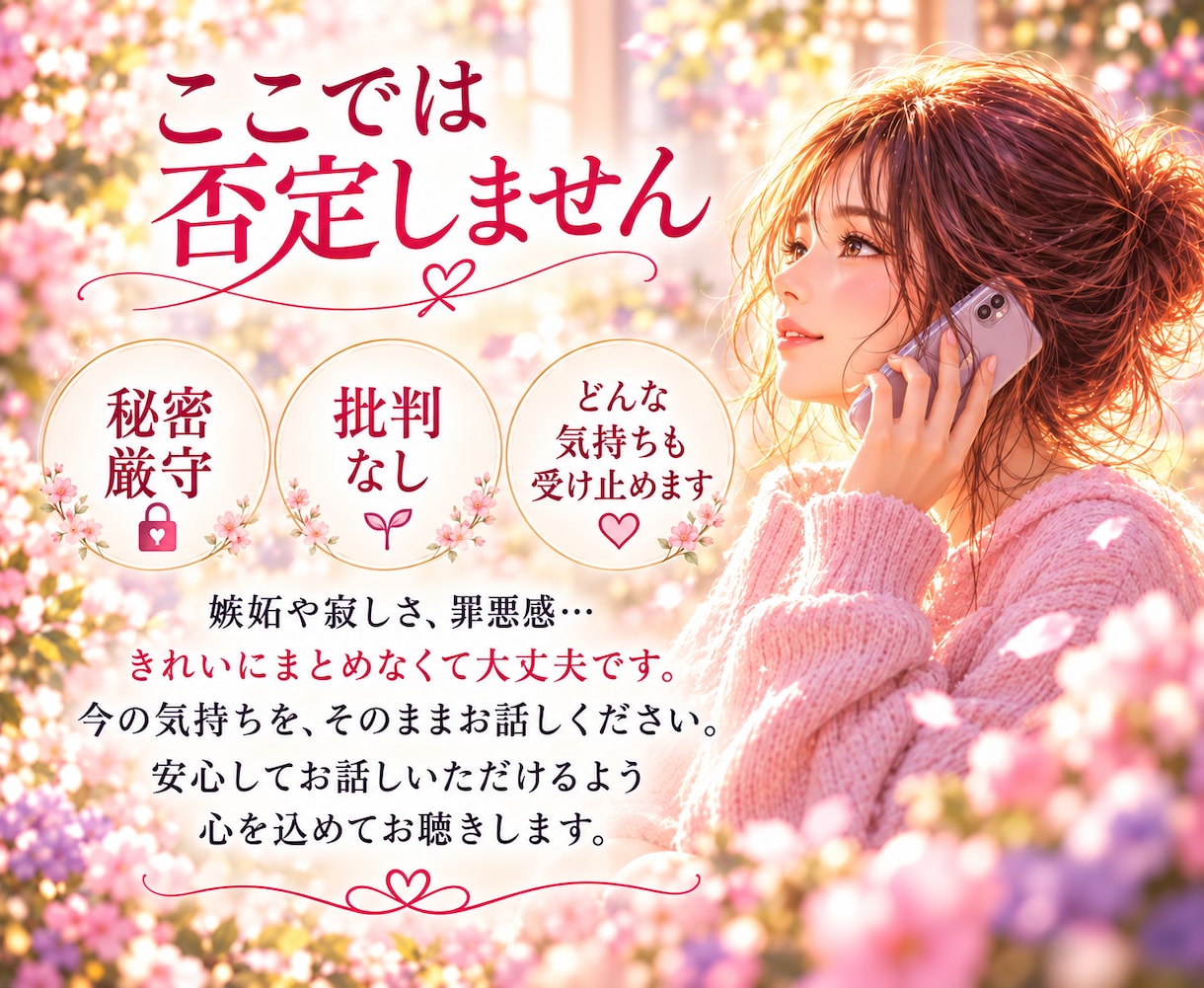 不倫・秘密の恋・複雑愛のお話しお聴きします 誰にも言えない気持ちをそのまま全て受け止めます！1分でもOK イメージ3