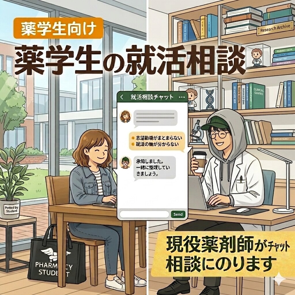 薬学生の就活相談｜チャットで就活の軸を整理します 就活の軸探し・志望動機と自己PRを一緒に言語化 イメージ1