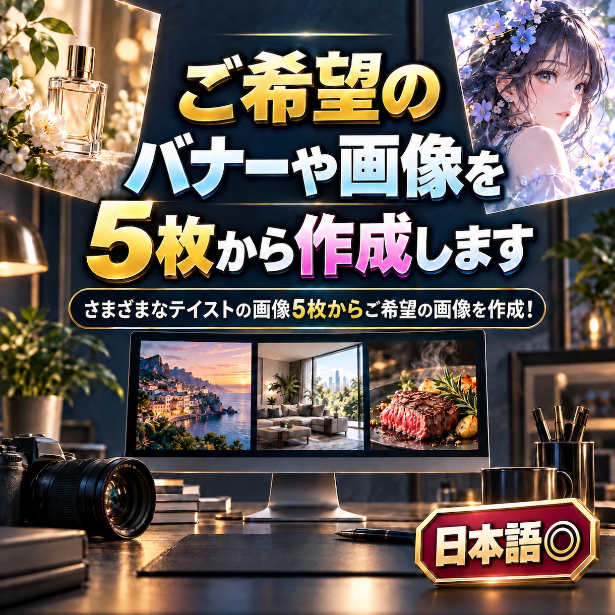 ご希望のバナーや画像を5枚から作成します さまざまなテイストの画像5枚からご希望の画像を作成！ イメージ1
