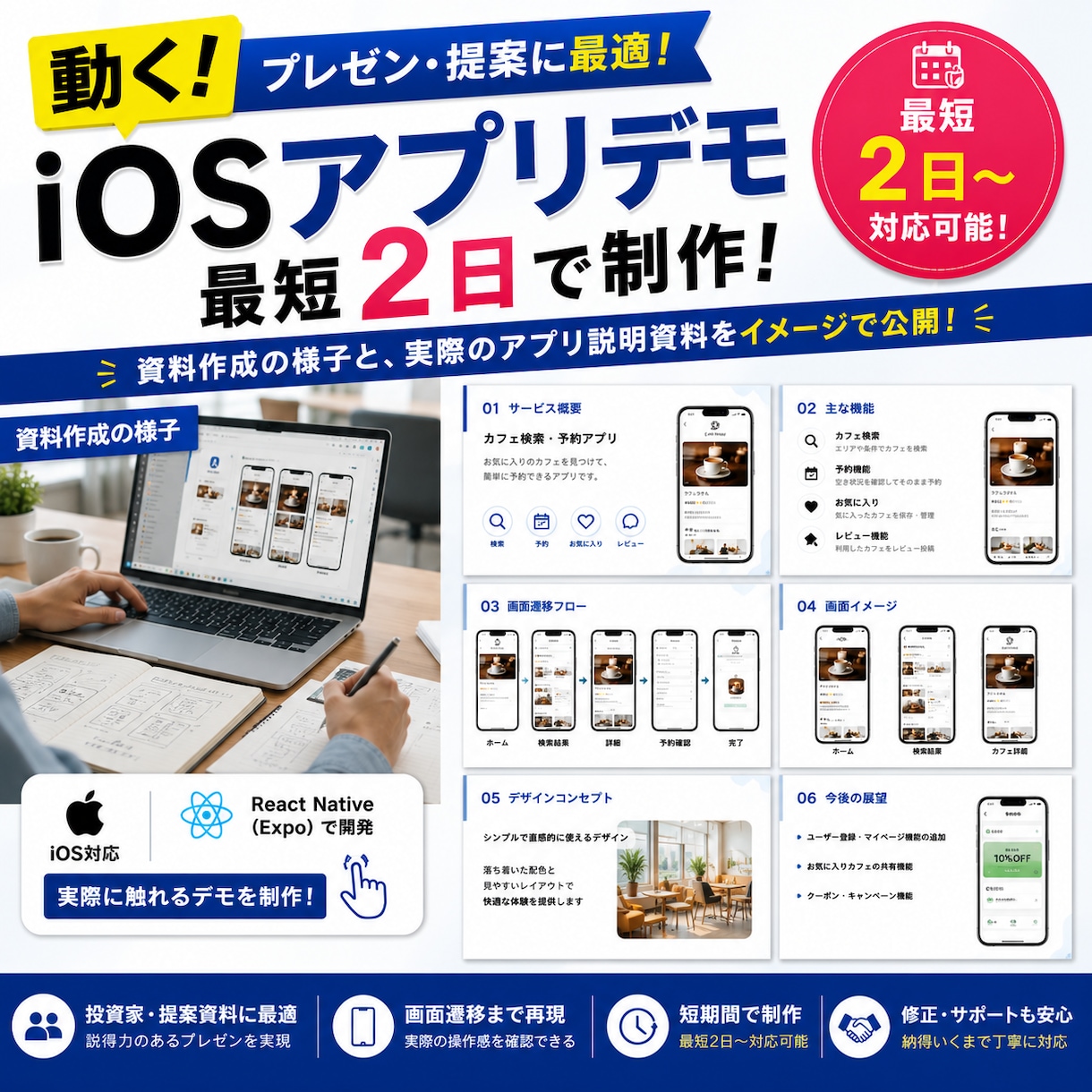 プレゼン向けiOSアプリモックアップを制作します 短期開発で開発前のイメージ確認・プレゼン資料に最適です イメージ1