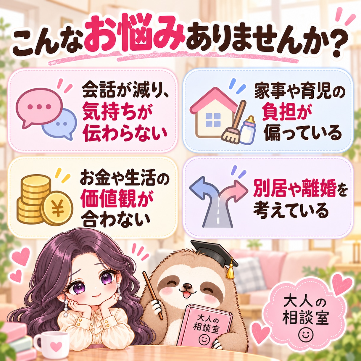 夫婦関係のすれ違いを一緒に整理しますます 責め合う前に、気持ちと問題を分けて解決の糸口を探します イメージ2