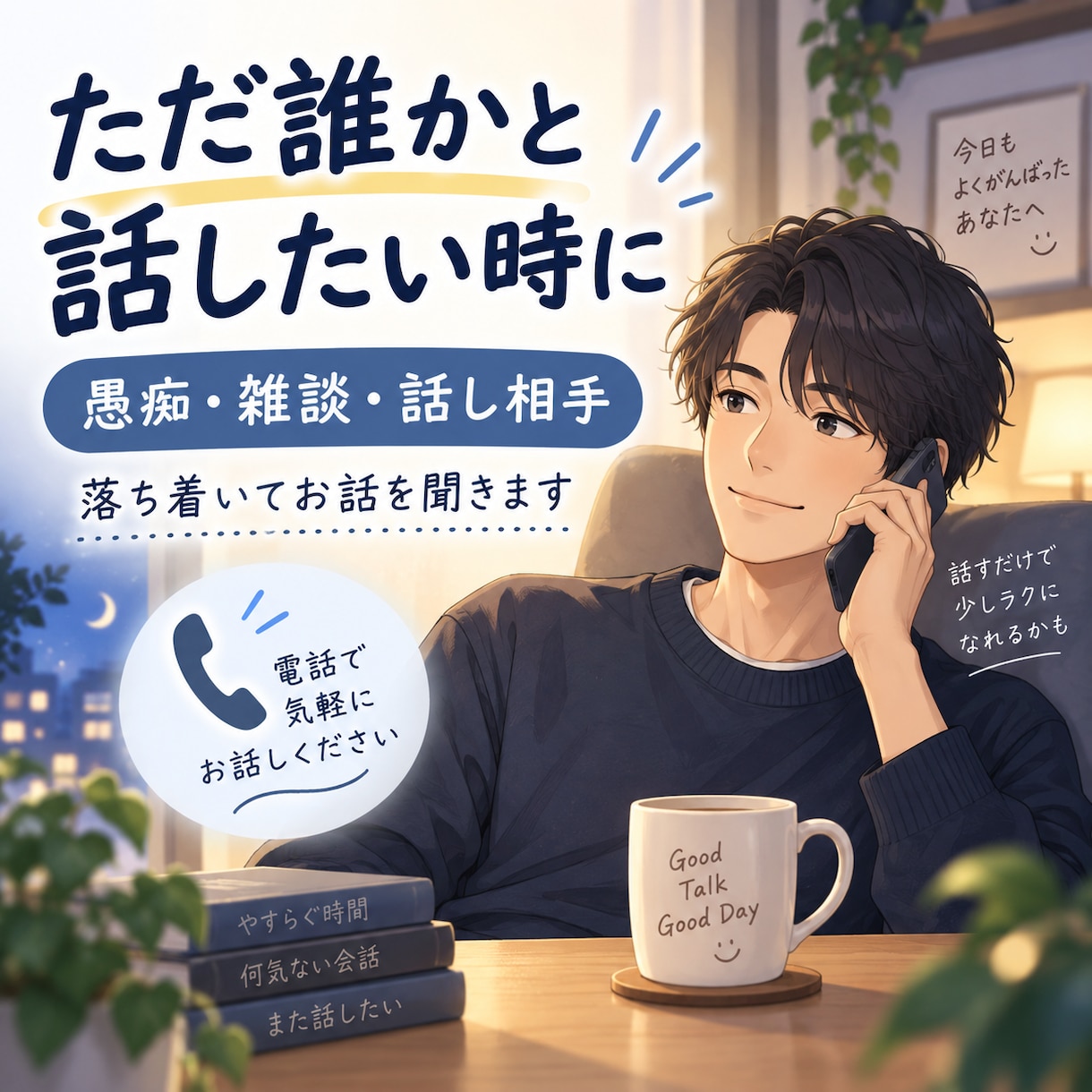 ただ誰かと話したい時、ゆっくりお話を聞きます 愚痴・雑談・今日あったことなど、気を使わず何でもどうぞ イメージ1