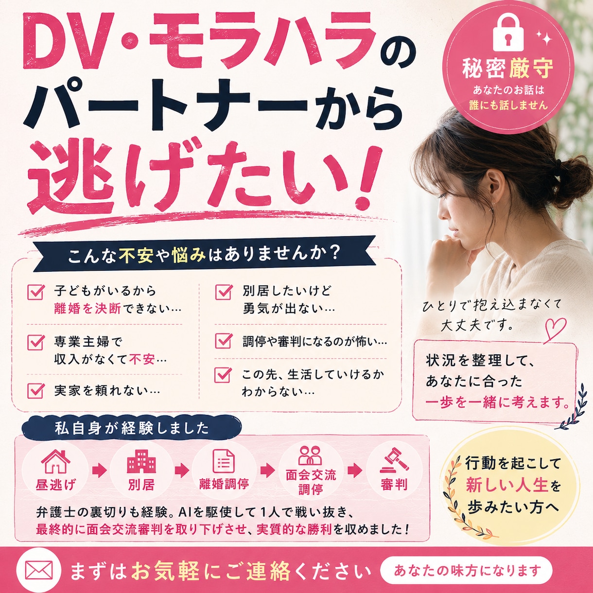 DV・モラハラで離婚検討中の方をサポートします 昼逃げ離婚経験者がサポートします！24時間OK！ イメージ1