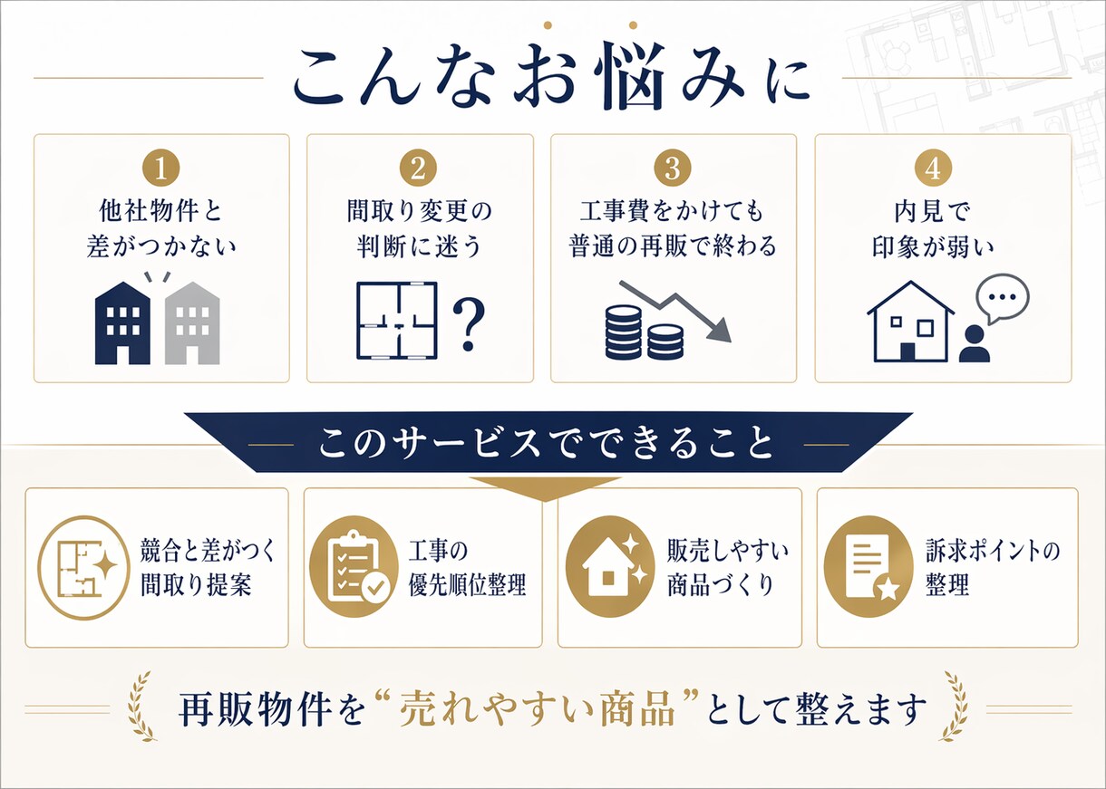 不動産業者様｜再販物件売れ行き改善間取り診断ます まず方向性を確認したい方へ。売れにくい原因と改善点を整理。 イメージ3
