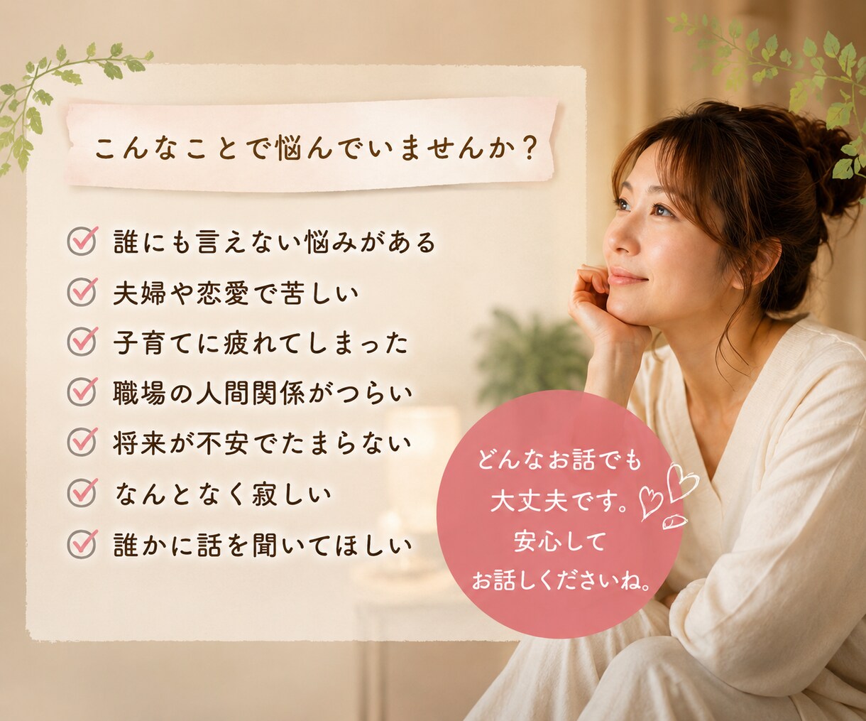 もう大丈夫。どんなお気持ちにも寄り添います 頑張ることに疲れたあなたへ。心を休める時間をお届けします。 イメージ2