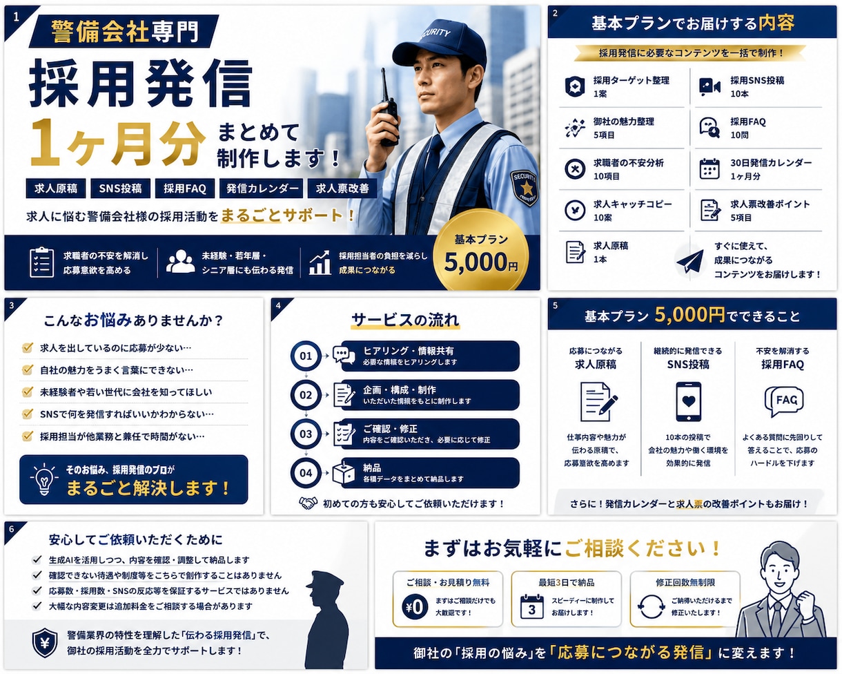 警備会社専門で採用発信をまとめて作ります 求人原稿・SNS投稿まで採用発信を一括サポート イメージ1