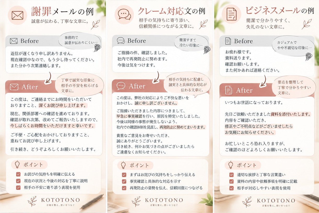 伝えたい内容を伝わる文章に整えます メール・謝罪文・返信文など幅広く対応します イメージ7