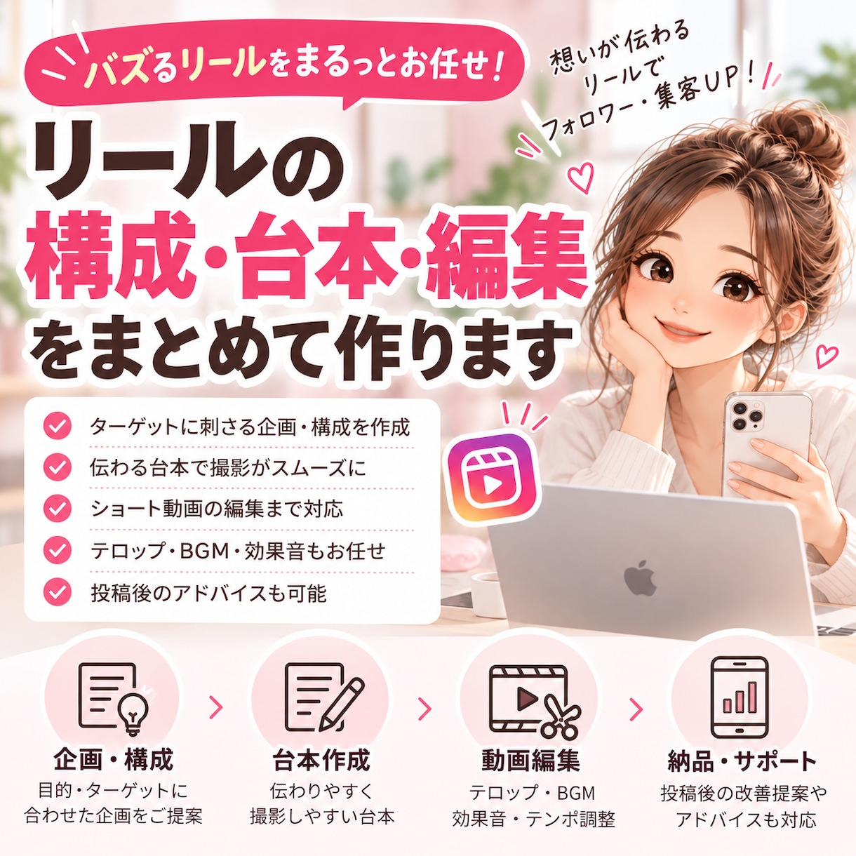 リールの構成・台本・編集をまとめて作ります 最初の3秒で引きつける短い動画を元看護師が作ります イメージ1