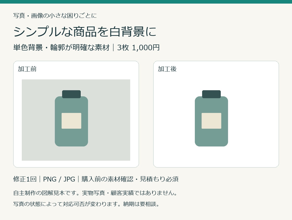 シンプルな商品写真3枚を白背景にします 単色背景・輪郭が明確な商品写真に対応 イメージ1