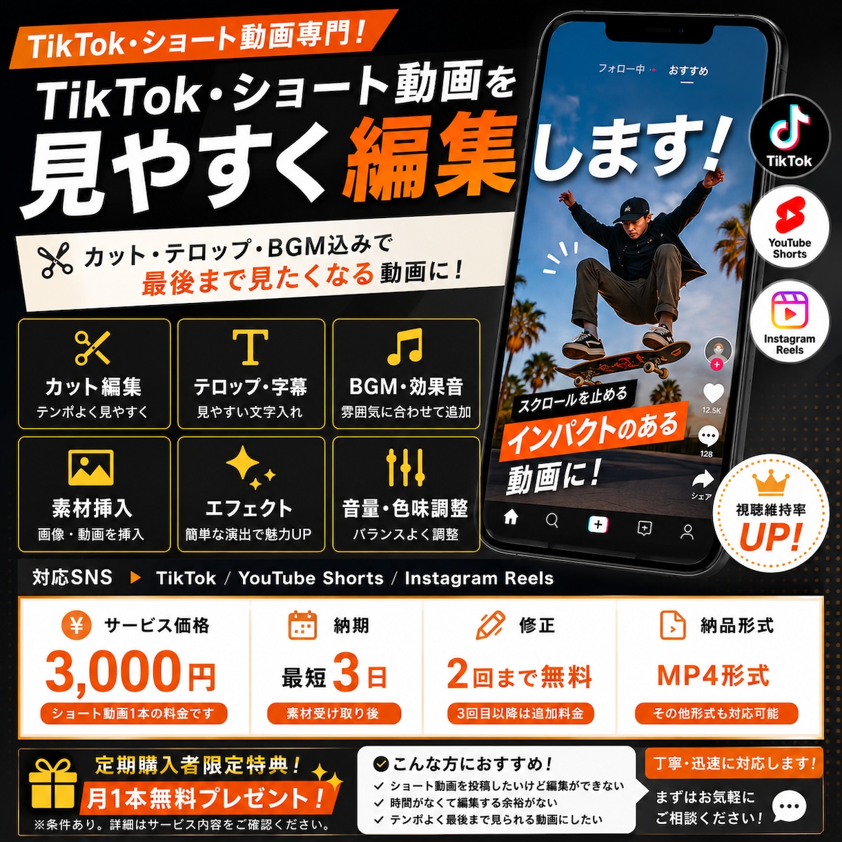 TikTok・ショート動画を見やすく編集します カット・テロップ・BGM込みで魅力的な短尺動画に！ イメージ1