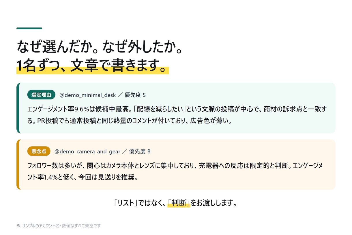 PR候補インフルエンサーを理由つきで選びます フォロワー数では選びません。理由と懸念点まで明記 イメージ3