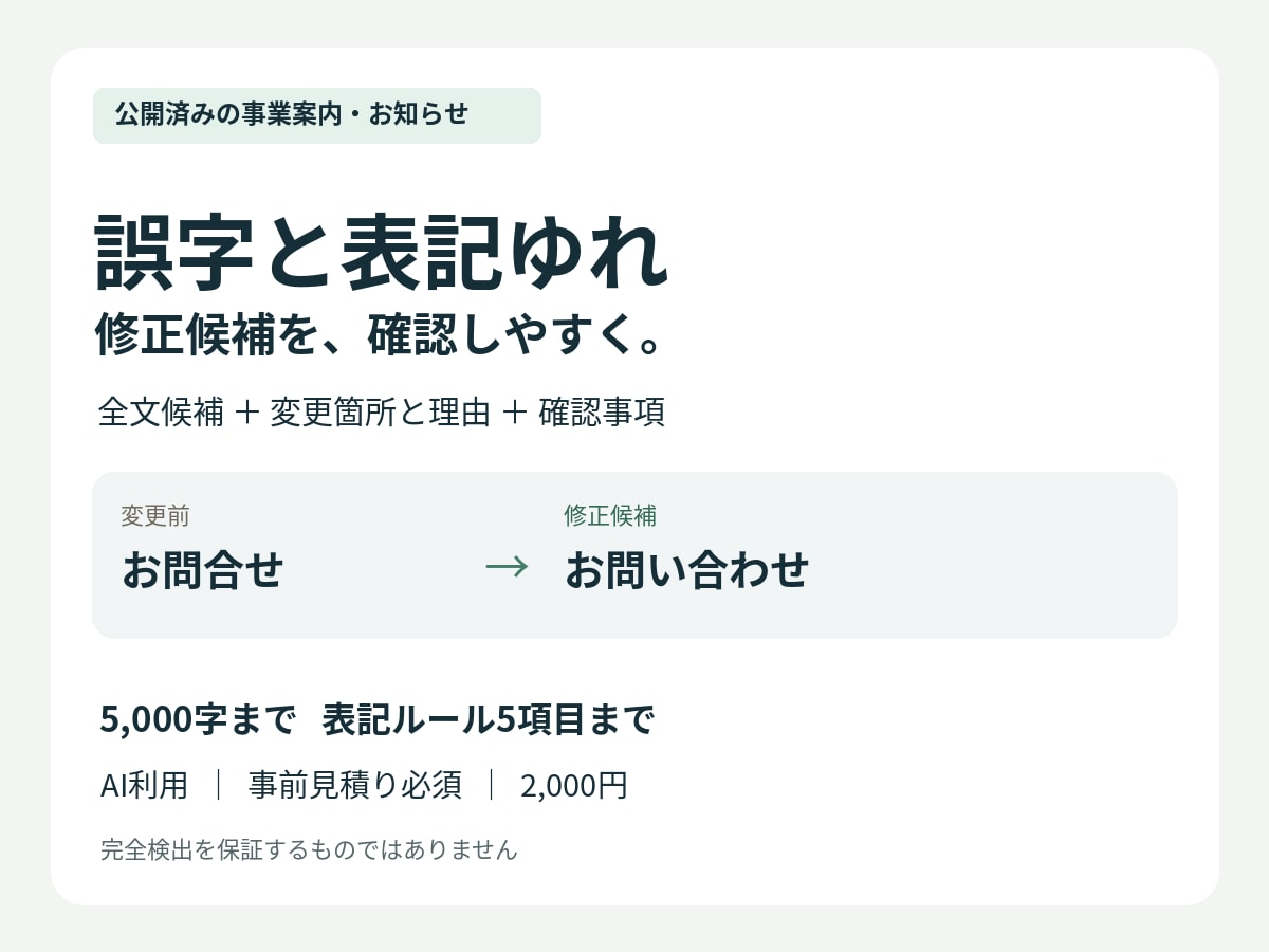 公開済み文章の誤字と表記ゆれを確認します 修正候補・変更理由・確認事項をまとめてお渡し イメージ1