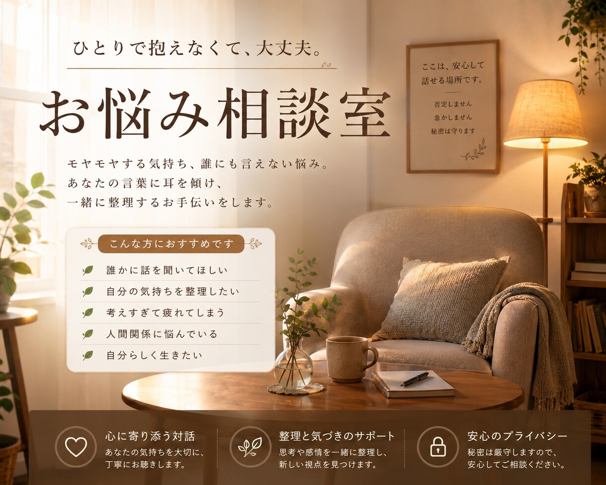 あなたのお悩みを分解し、心を軽くします 人間関係・人生相談など、何でも対応致します。 イメージ1