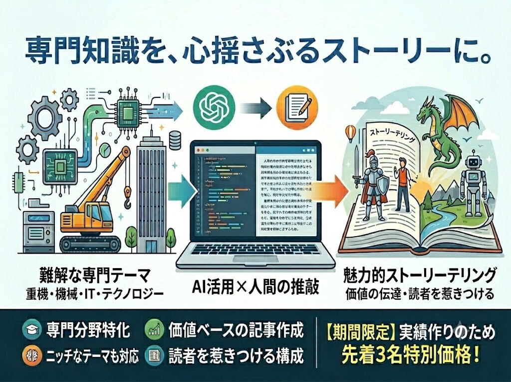 AIと専門知識ブログや解説文を執筆します 【先着3名】重機・インフラ・理系分野を魅力的に解説 イメージ1