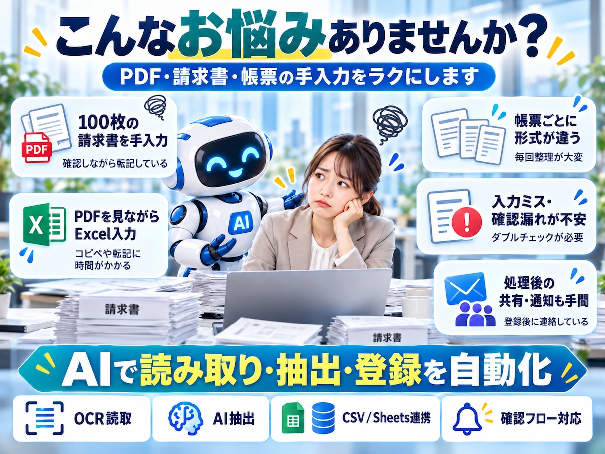 PDF・請求書・帳票をAIで自動データ化します 100枚の請求書入力を、「アップロードして確認するだけ」に。 イメージ2