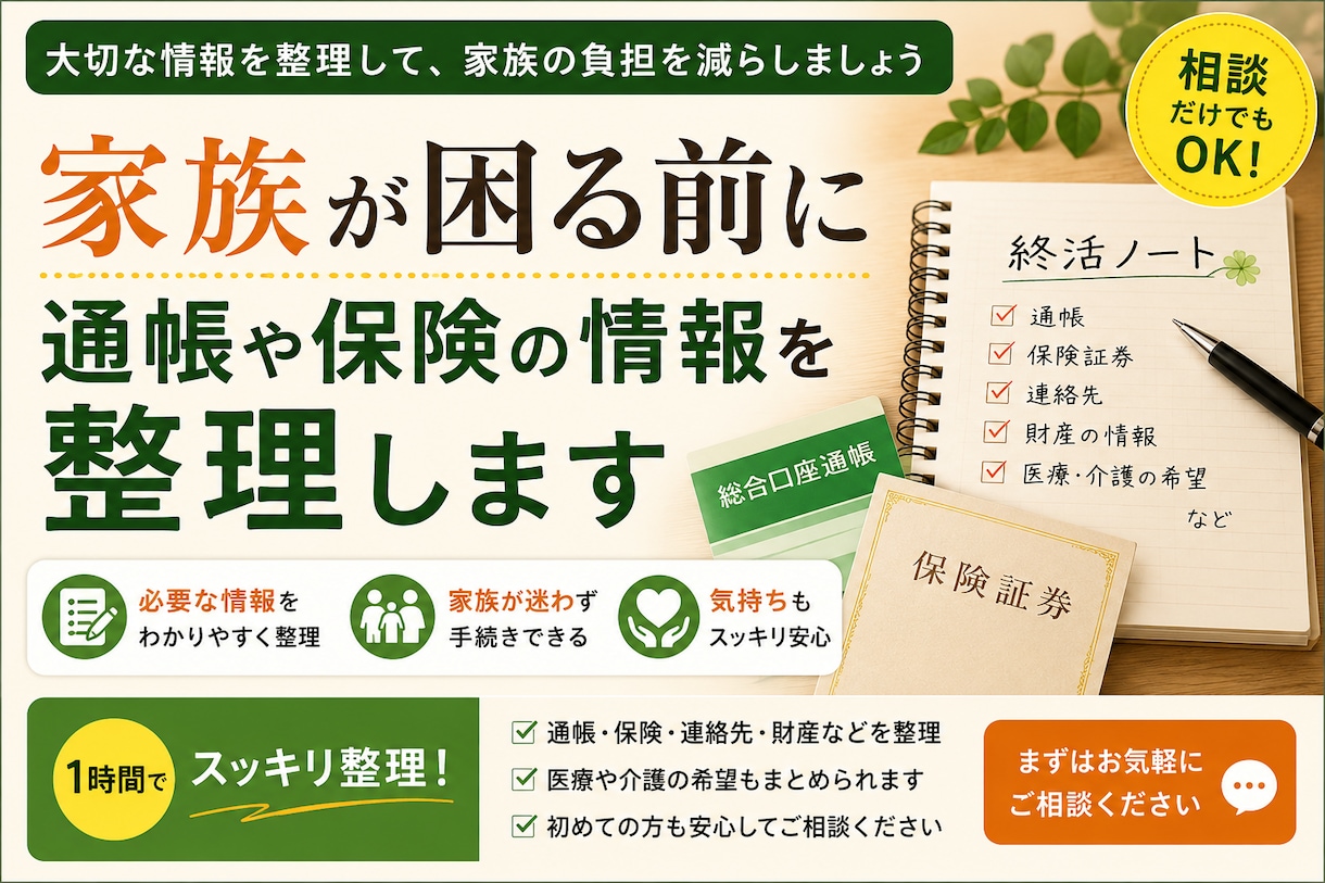 亡くなった後に困らないための情報整理を行います 将来の不安を整理し、後悔しない準備のお手伝いをします イメージ1