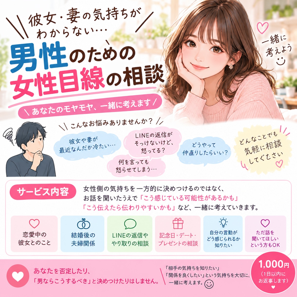女心がわからない男性へ。女性目線で一緒に考えます 「彼女・妻の気持ちがわからない…」そんな相談にお答えします イメージ1