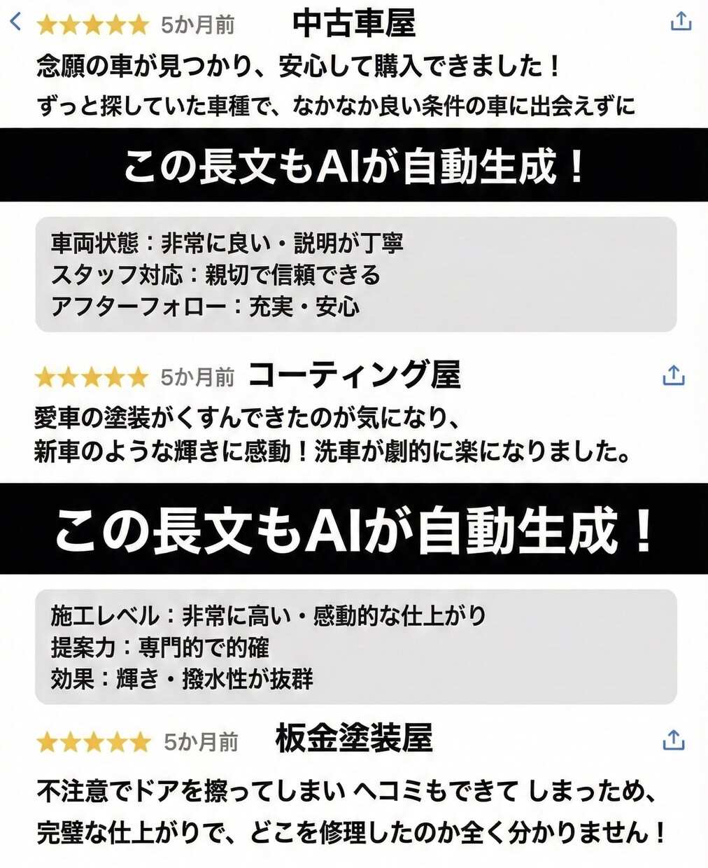 月額0円！車・バイクGoogle口コミAI作ります 整備・販売店向け！QR置くだけで完了報告＆感想生成 イメージ2