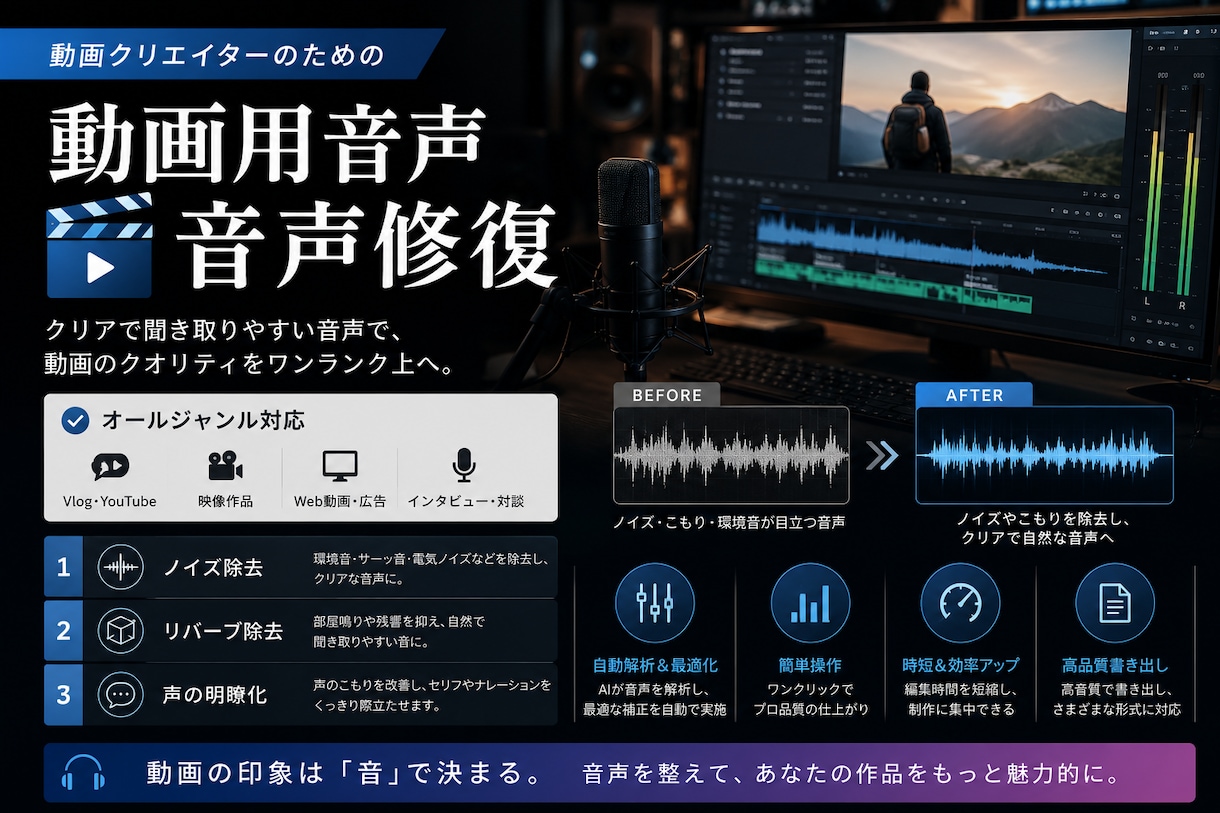 動画・録音音声のノイズや音量差を聞きやすく整えます YouTube動画などの音声を聞き取りやすく修復・調整します イメージ1