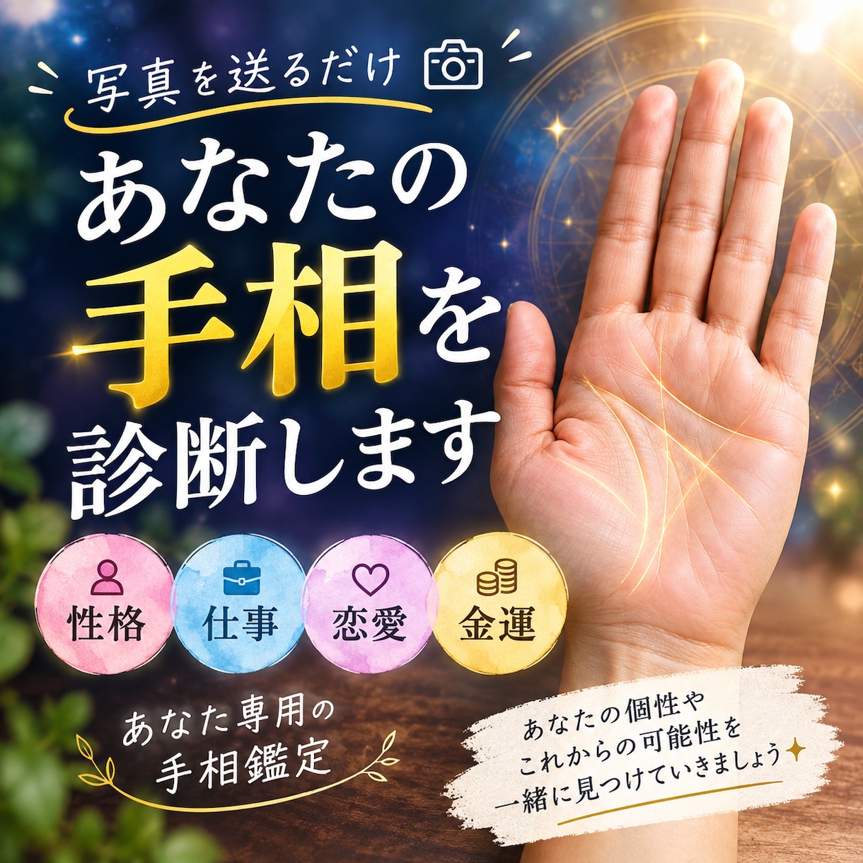 写真を送るだけ、あなたの手相を丁寧に読み解きます 個性・才能・仕事・恋愛・金運の傾向を丁寧に読み解きます イメージ1