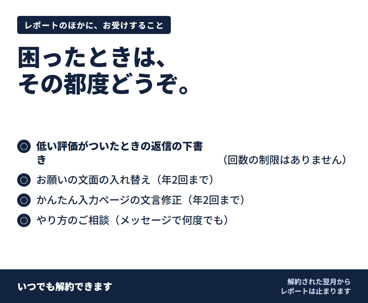 Googleクチコミを毎月点検し返信も作ります 増えた数も、消えた分も。毎月1枚でご報告します イメージ3