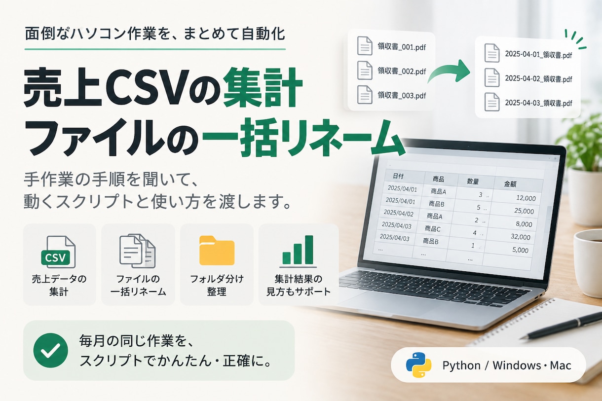 PythonでCSV集計・整理を自動化します CSV集計・コピペ・ファイル整理を、実行1回で自動化します イメージ1
