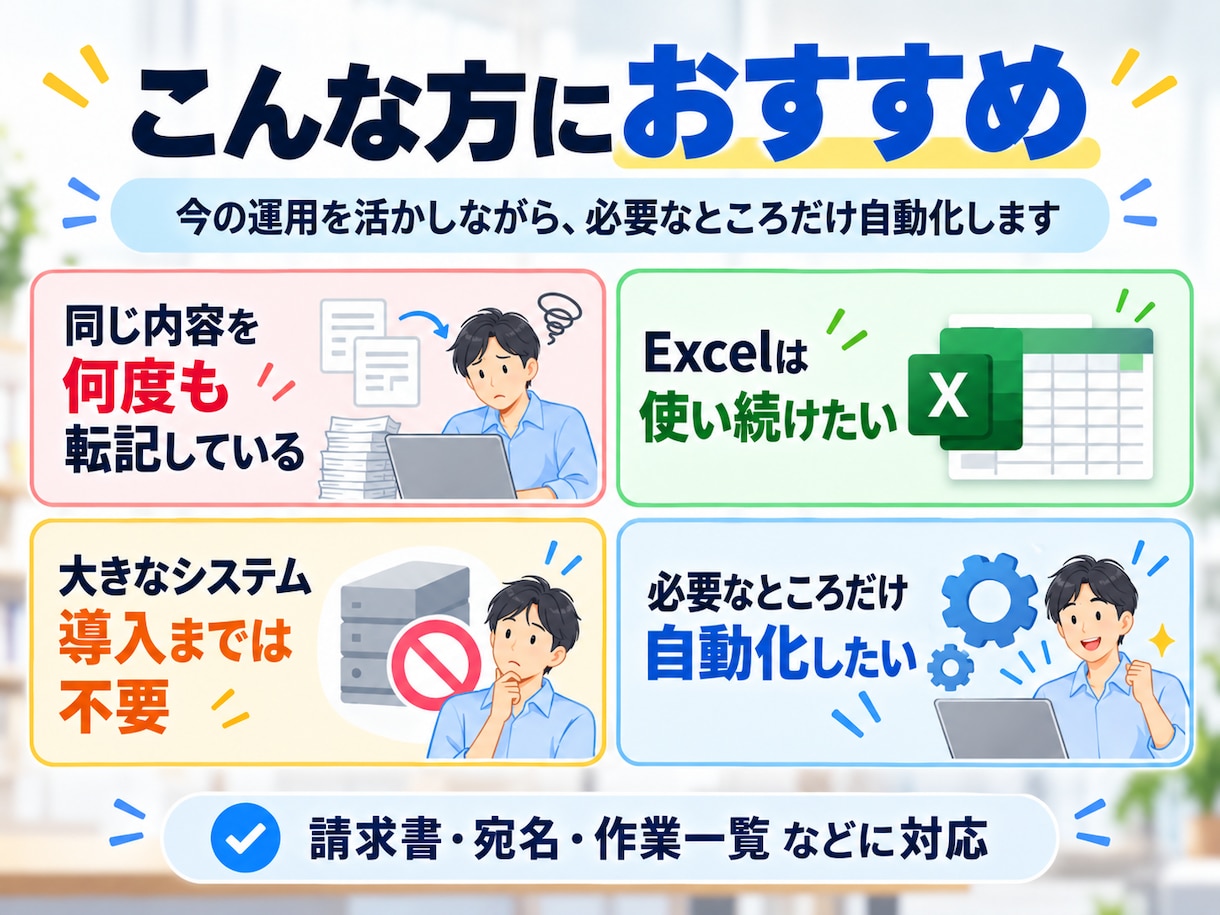 注文表から請求書・宛名・作業表を作成します 今のExcel・CSVに合わせて転記作業を減らします イメージ2