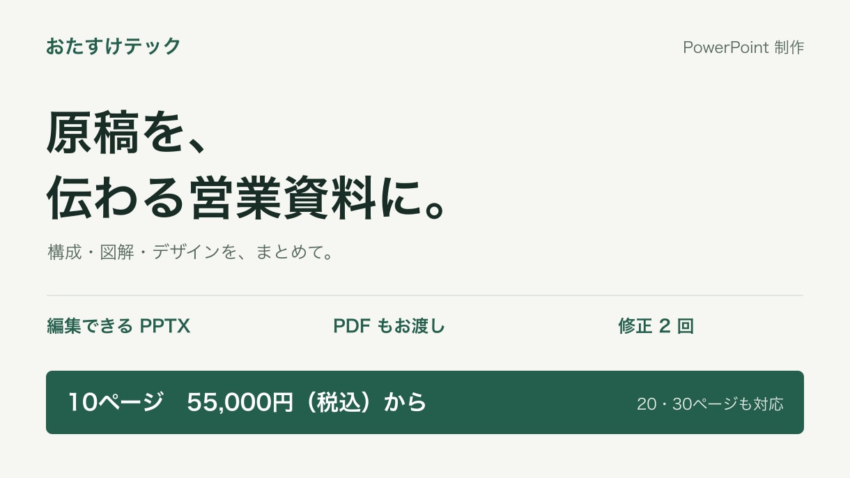 営業・案内資料を伝わるパワポに整えます 原稿から10枚／編集できるPPTX・PDF イメージ1