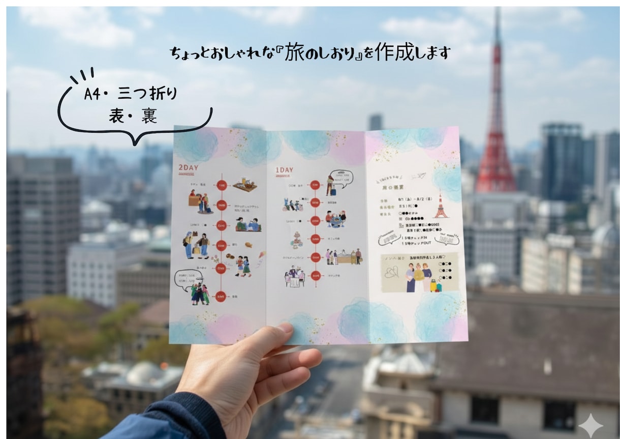 A4三つ折り　おしゃれな『旅のしおり』を作成します 旅の段取りセンスよくまとめます。特別な旅に持ち運びやすい1枚 イメージ1