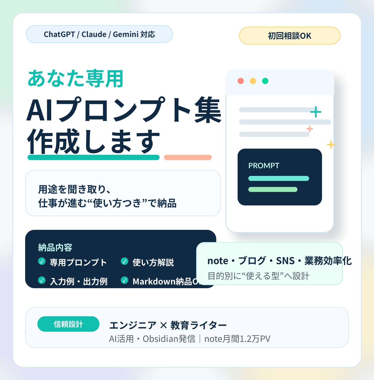 あなた専用のAIプロンプト集【10種】を作成します 法人向け開発・AI活用講師としての実務経験を総動員します！ イメージ1
