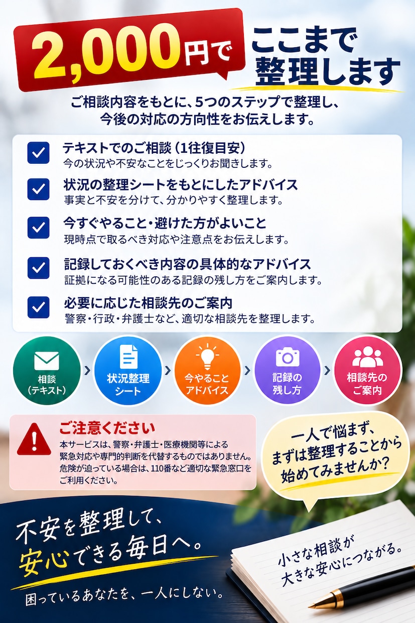 元刑事25年が「ちょっと気になる不安」を聞きます 警察に相談するほどかな？」その段階で大丈夫です イメージ4