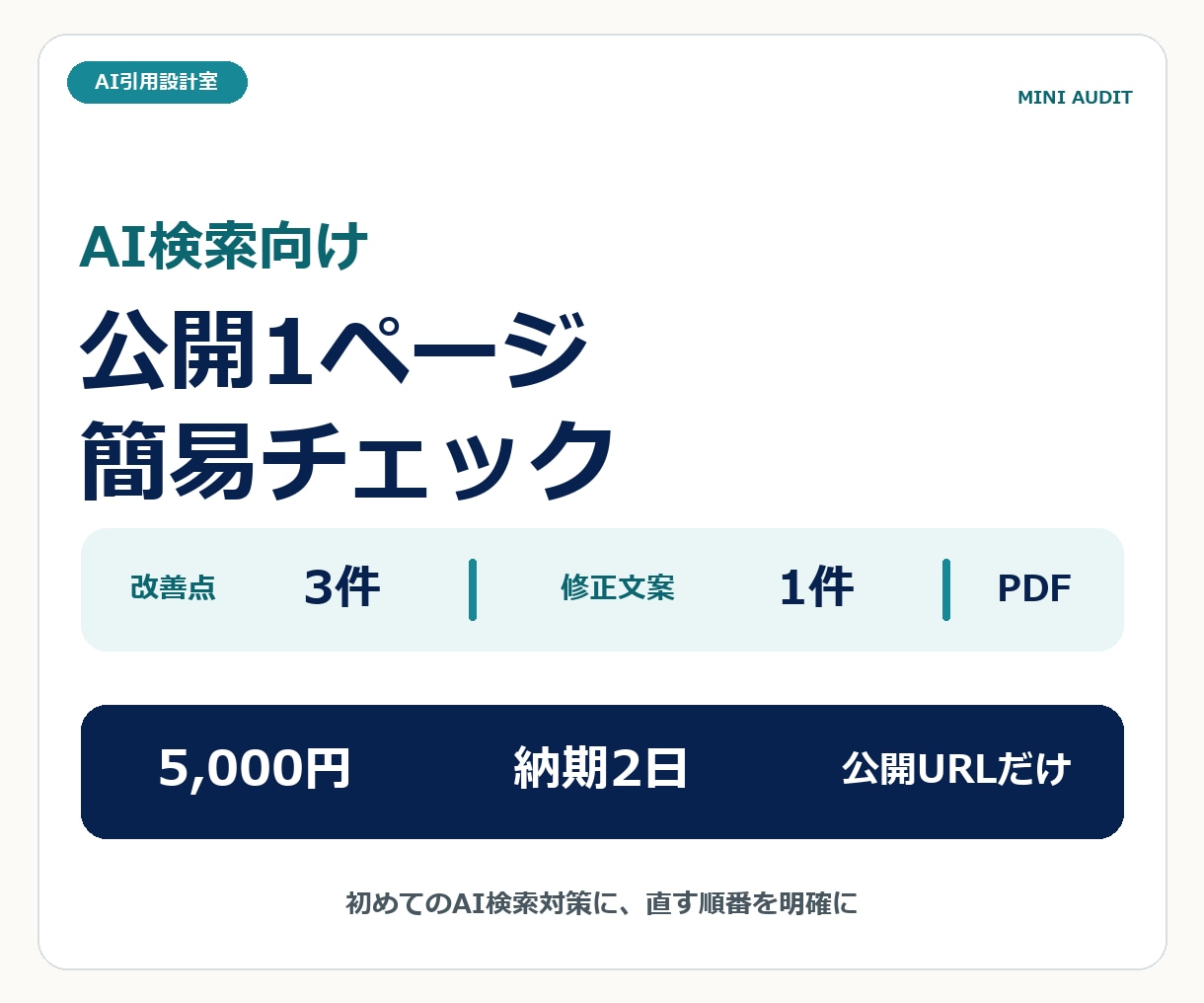 公開1ページのAI検索対応を簡易チェックします 改善点3件と最優先箇所の修正文案を提示 イメージ1
