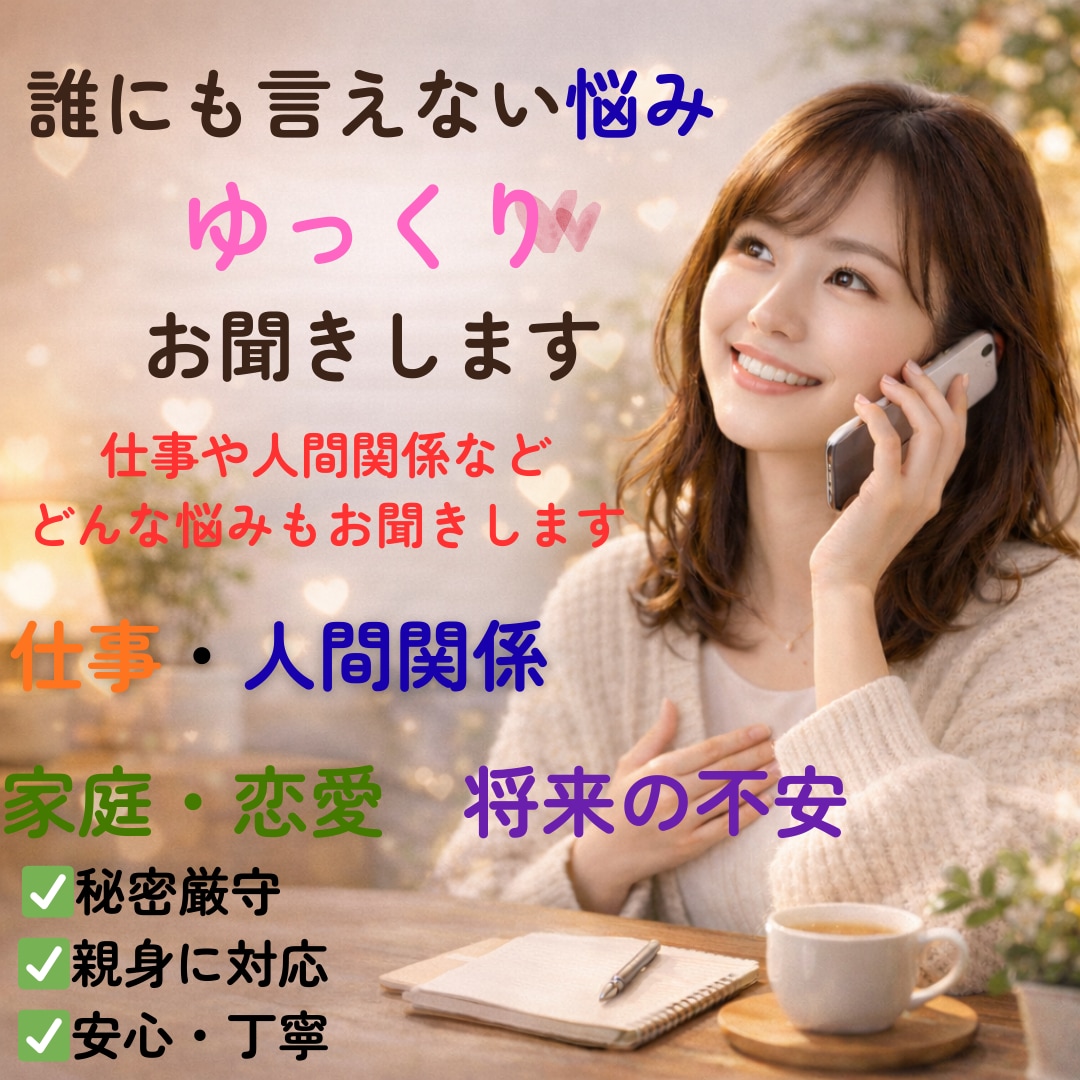 愚痴も悩みも全部優しく聞きます 誰にも言えない悩みお聞きします。ただ話したい方も大歓迎。 イメージ2